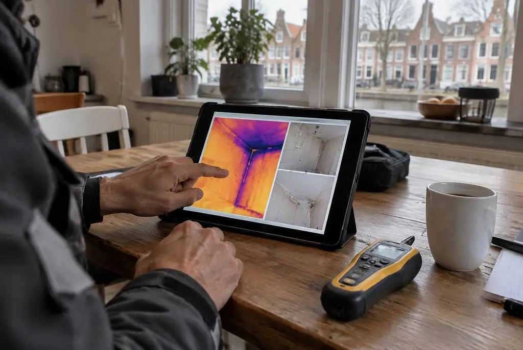Lekdetectie Wijk bij Duurstede – lekdetectierapport met warmtebeelden en foto's op een tablet