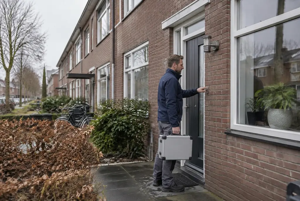 Lekdetectiespecialist met meetkoffer bij de voordeur van een woning in Wijk bij Duurstede